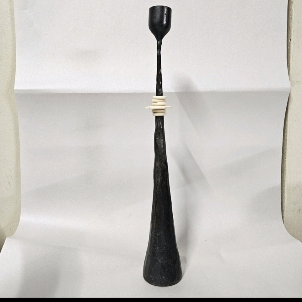 Vintage Rare Unique  African Cast Iron Candlestick  Holder with Ivory Rings